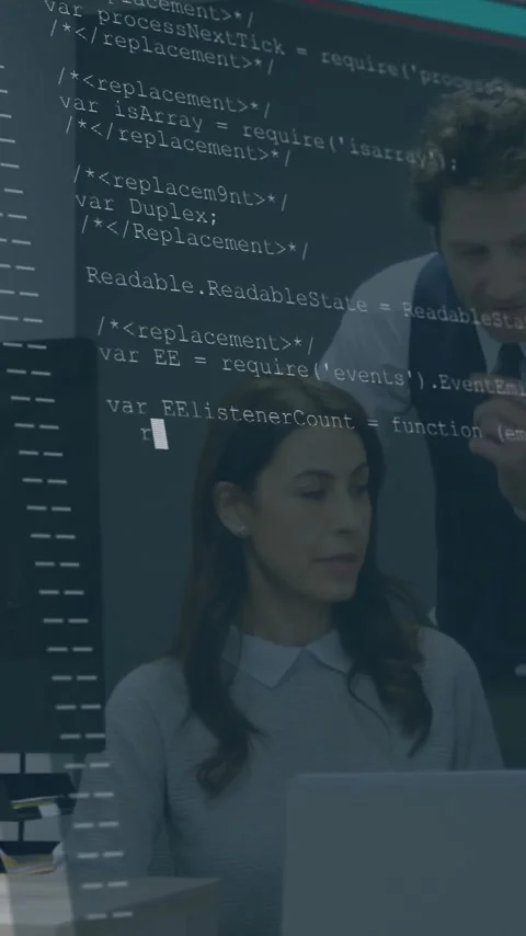 Diverse team collaborating over computer code animation in modern office Stock Footage 344285263