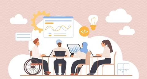 Diverse team collaborating on a project, innovation and teamwork concept. 스톡 일러스트