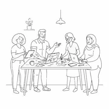 Diverse team collaborating on project with laptops and tablet Silhouette 스톡 일러스트