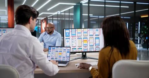 Diverse Team Of Designers And Developers Collaborating On A Mobile App Interf Stock Photos