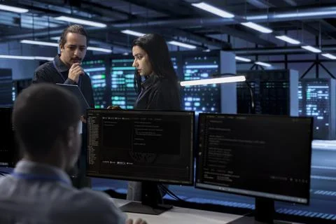 Diverse team of developers in data center identifying errors 스톡 사진