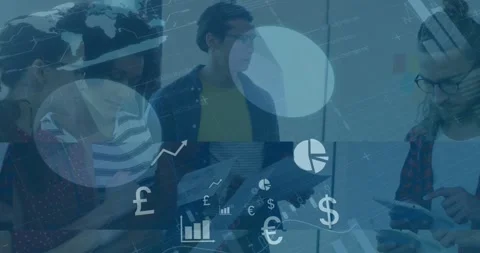 Diverse team discusses documents, animating statistical data in a business Stock Footage 330400032