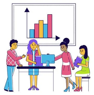 Diverse team discussing data with bar graph. Businesspeople analysis, corporate Stock Illustration