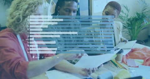 Diverse team discussing documents with financial data processing animation Stock Footage 304763130