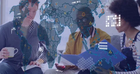 Diverse team discussing documents with global data processing animation overlay Stock Footage 304840743