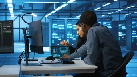 Diverse team of engineers looking at parameters in data center on tablet Stock Photos