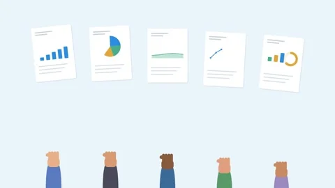 Diverse team hands holding up report sheets with different animated charts Vídeos de archivo 342529891