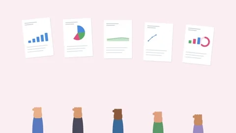 Diverse team hands holding up report sheets with different animated charts Video stock 342529966