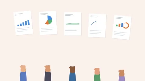 Diverse team hands holding up report sheets with different animated charts 스톡 동영상 342530106