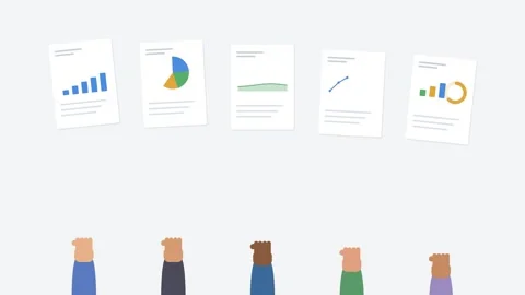 Diverse team hands holding up report sheets with different animated charts Видео 342530327