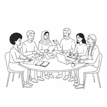 Diverse team meeting around table with laptop and papers Silhouette 库存插图