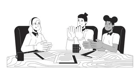 Diverse team members clapping hands at desk black and white 2D line character Stock Illustration