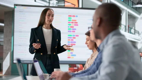 Diverse Team In Office Studying Spreadsheets Vídeo Stock 328392607
