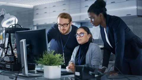 Diverse Team of Research Engineers Working in a high Tech Laboratory on Start-up 스톡 사진