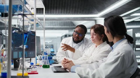 Diverse team of research facility professional using PC software Stock Footage 320146285