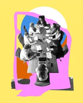 Diverse team sit around table discussing business strategies, developing ideas Foto stock