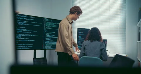 Diverse team software developer discuss AI coding and project at office. Stock Footage 343929862