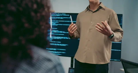 Diverse team software developer present coding on screen to colleague. Stock Footage 343947927