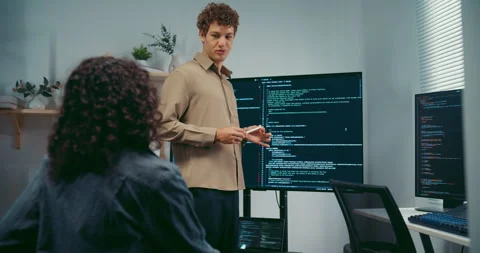 Diverse team software developer present coding on screen to colleague. Stock Footage 343947997