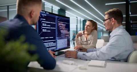 Diverse Team Of Software Engineers Collaborating On Secure Coding Projects. Fotos Stock