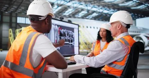Diverse Team Of Technicians Draft Aircraft Engine Design On Computer. Stock Photos