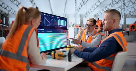 Diverse Team Of Technicians Uses Computers Controlling Robotic Car Production Stock Photos