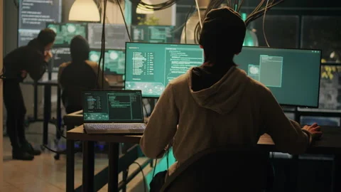 Diverse team of thieves committing cyber attack with computer malware Video stock 230193158