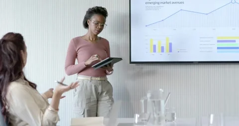 Diverse team watching presenter presenting digital adoption emerging avenues Stock Footage 342284856