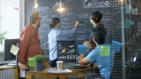 Diverse Team of Young Developers Draw Work Plan on a Blackboard Wall. Stock Footage 84102118
