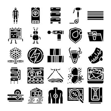 Diverse technology and digital service glyph icons set Stock Illustration
