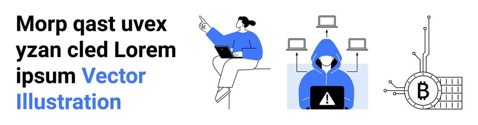 Diverse Technology Themes Remote Work, Cybersecurity, Cryptocurrency in Mod.. Illustrazione stock