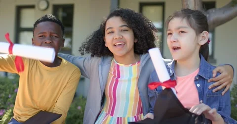 Diverse teens on bench at school center singing, left tossing red ribbon diploma Stock Footage 345063552