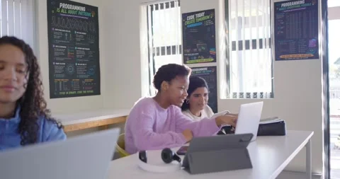 Diverse teens working at code lab, camera shifting causing right pair moving Stock Footage 340811092