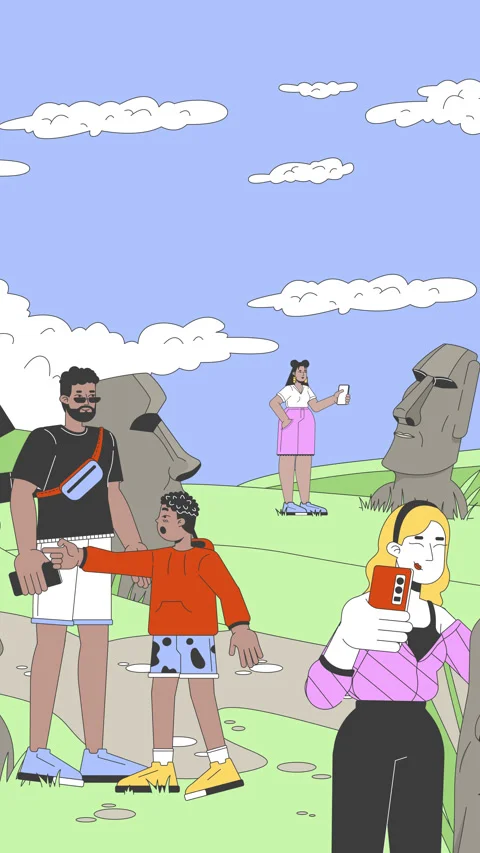 Diverse tourists sightseeing Easter island moai cartoon vertical animation Stock Footage 321541788