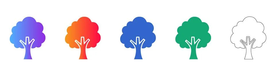 Diverse Tree Icons in Gradient and Solid Colors with Outline Stock Illustration