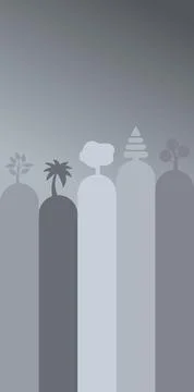 Diverse trees silhouetted against a gradient background in a minimalist style Stock Illustration