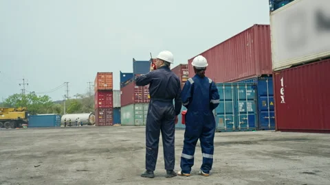 Diverse Two Logistics Workers in Hard Hats Inspecting Shipping Stacked Cont.. Stock Footage 335875256
