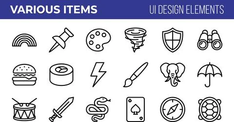 Diverse UI Design Elements and Various Items Line Icons Set. イラスト素材