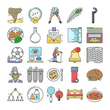 Diverse vector icons representing various life topics and concepts Stock Illustration