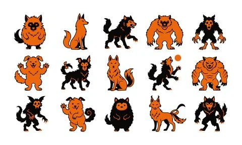 Diverse werewolf monster and creature character icons for halloween Stock Illustration