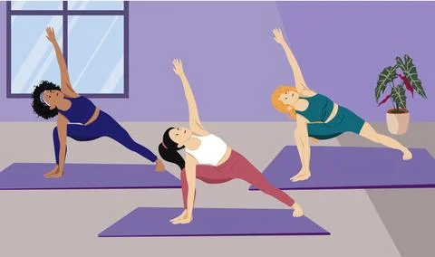Diverse Women Practicing Side Stretch Yoga Pose in Group Class Illustrazione stock