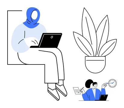 Diverse Women Working Remotely with Technology and Nature Elements in a Min.. Stock-Illustration