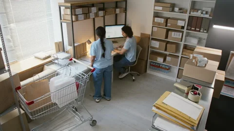 Diverse Workers Fulfilling Online Orders in Small Warehouse Stock Footage 346064218