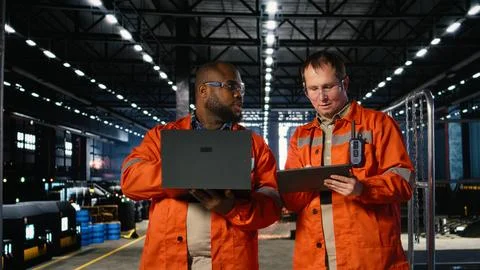 Diverse workers using devices to manage steel production tasks Stock Photos