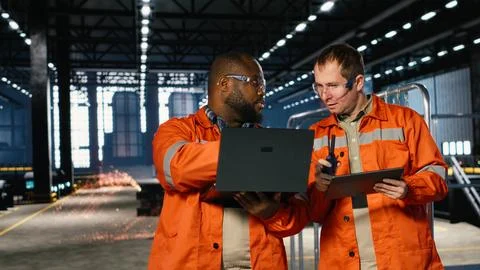 Diverse workers using devices to manage steel production tasks Stock Photos