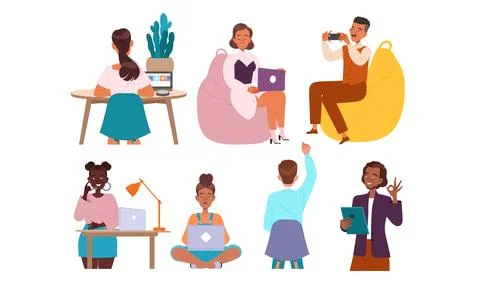 Diverse Workspaces A Collection of Illustrations Depicting Remote Work Stock Illustration