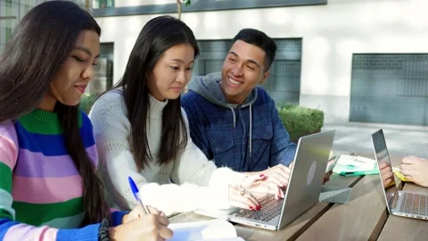 Diverse young college students working on laptop at campus university Stock Footage 280516062