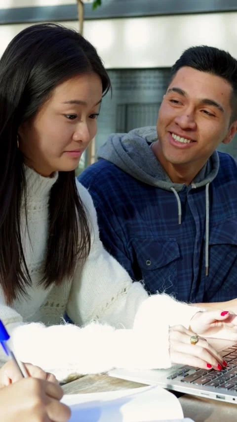 Diverse young college students working on laptop at campus university Stock Footage 310780299