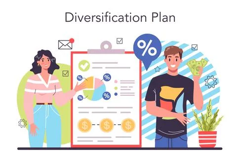 Diversification pan concept. Risk management strategy, process of capital Stock Illustration