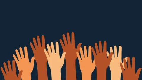 Diversity concept with hands. Raised hands banner. Ilustración de archivo